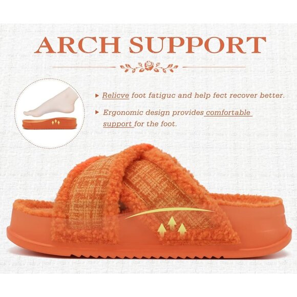 Women's Orange Fuzzy Furry Faux Fur Cross Band Arch Open Slippers Slides Shoes - Picture 4 of 8